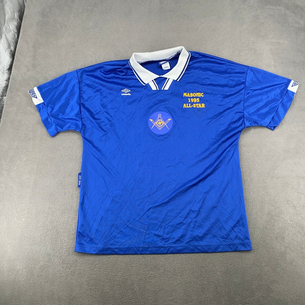 Vtg Umbro 1995 Masonic All-Star Soccer Jersey Blue Y2K Made in USA Mens Large
